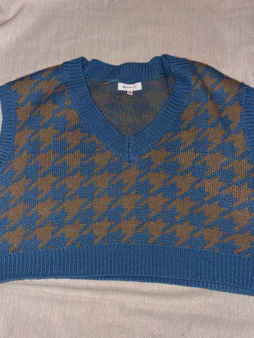 Better MeHoundstooth V-Neck Knit Sweater Vest in Blue and Brown